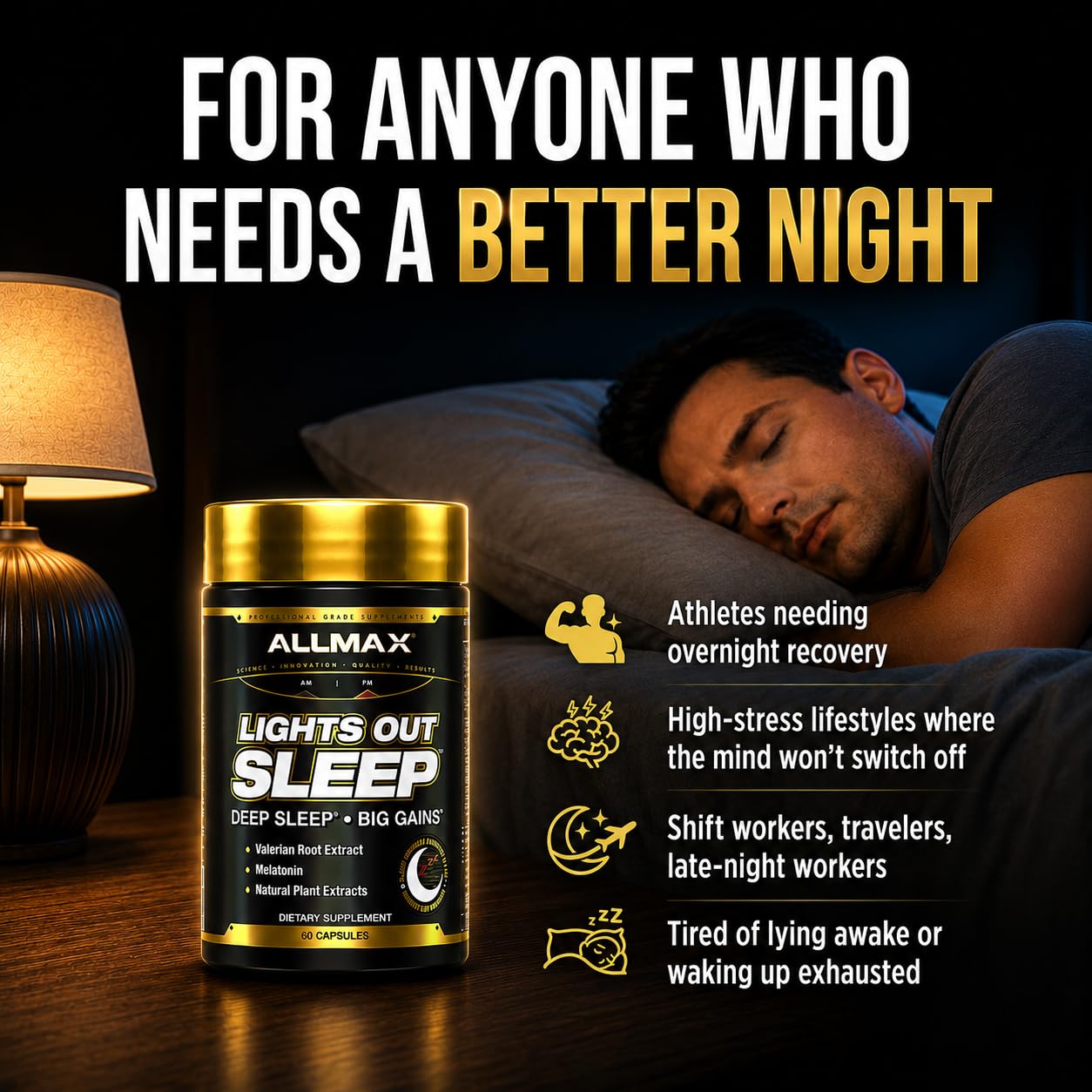 ALLMAX Lights Out Sleep Support Capsules, 60 Count
