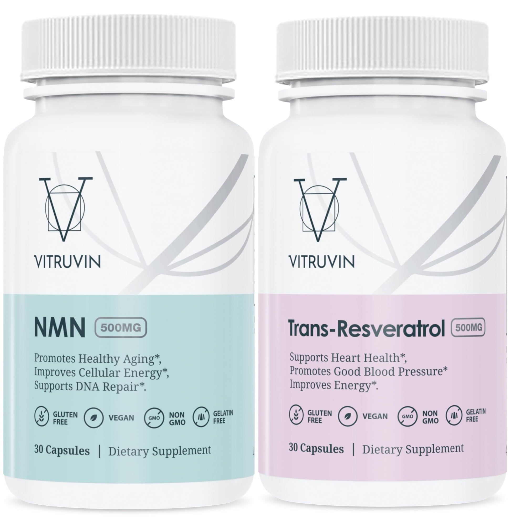 VITRUVIN Longevity NMN 500MG + Trans-Resveratrol 500MG with Piperine Capsule 60 Count