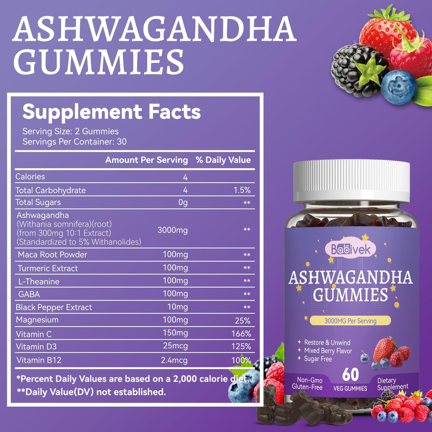 Babivek Ashwagandha Gummies 3000mg, 120 Count