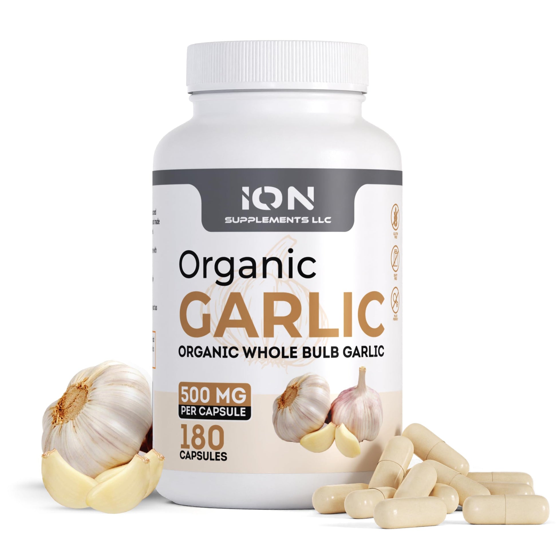 Ion Supplements LLC Herbal Organic Whole Bulb Garlic Capsules, 500 mg, 180 Count