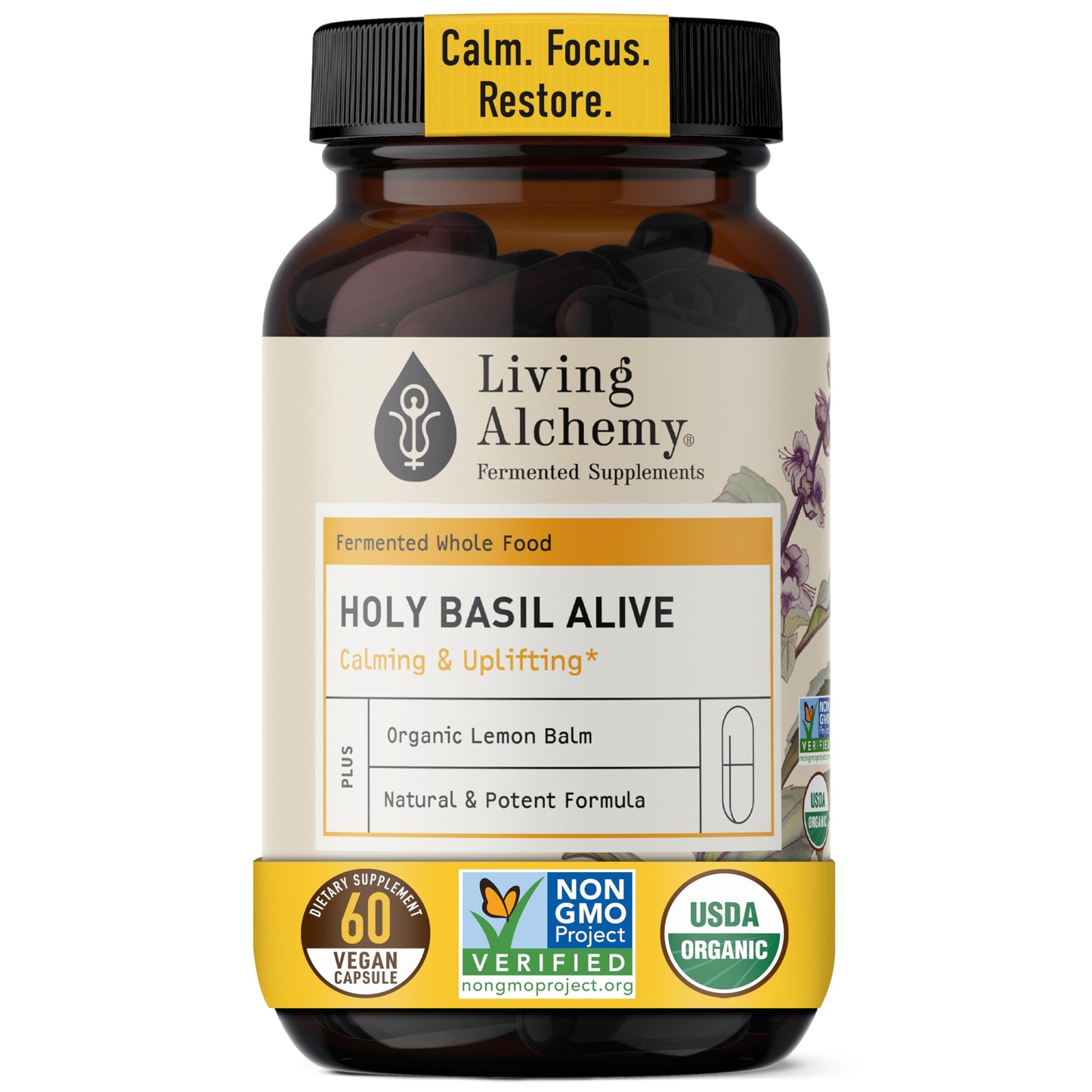 Living Alchemy Holy Basil Supplements - Fermented Holy Basil with Natural Lemon Balm - Daily Supplements for Women & Men - Vegan, Non-GMO Powder, 60