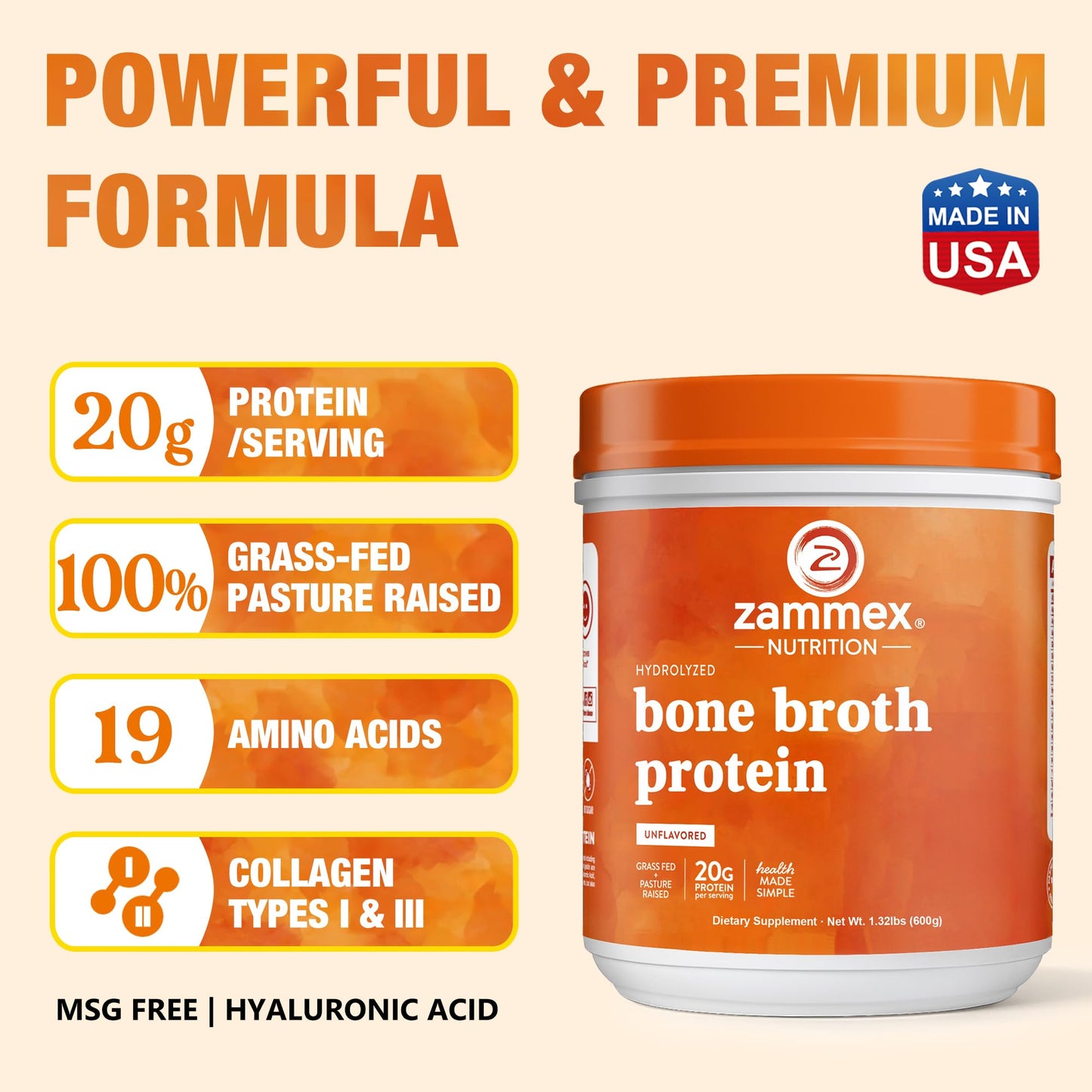 Zammex Beef Bone Broth Protein Powder Unflavored, 1 Count