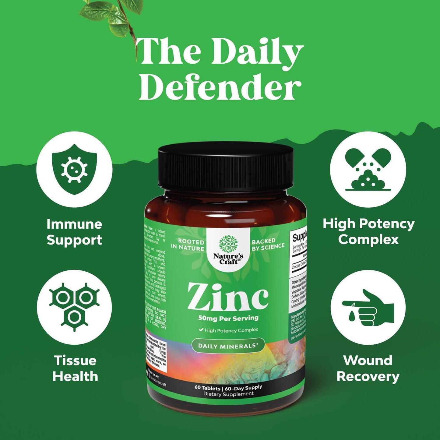 Natures Craft Zinc 50mg Tablet Immune Support - Zinc Complex for Immune System, Hair, Skin & Nails - 60 Tablets