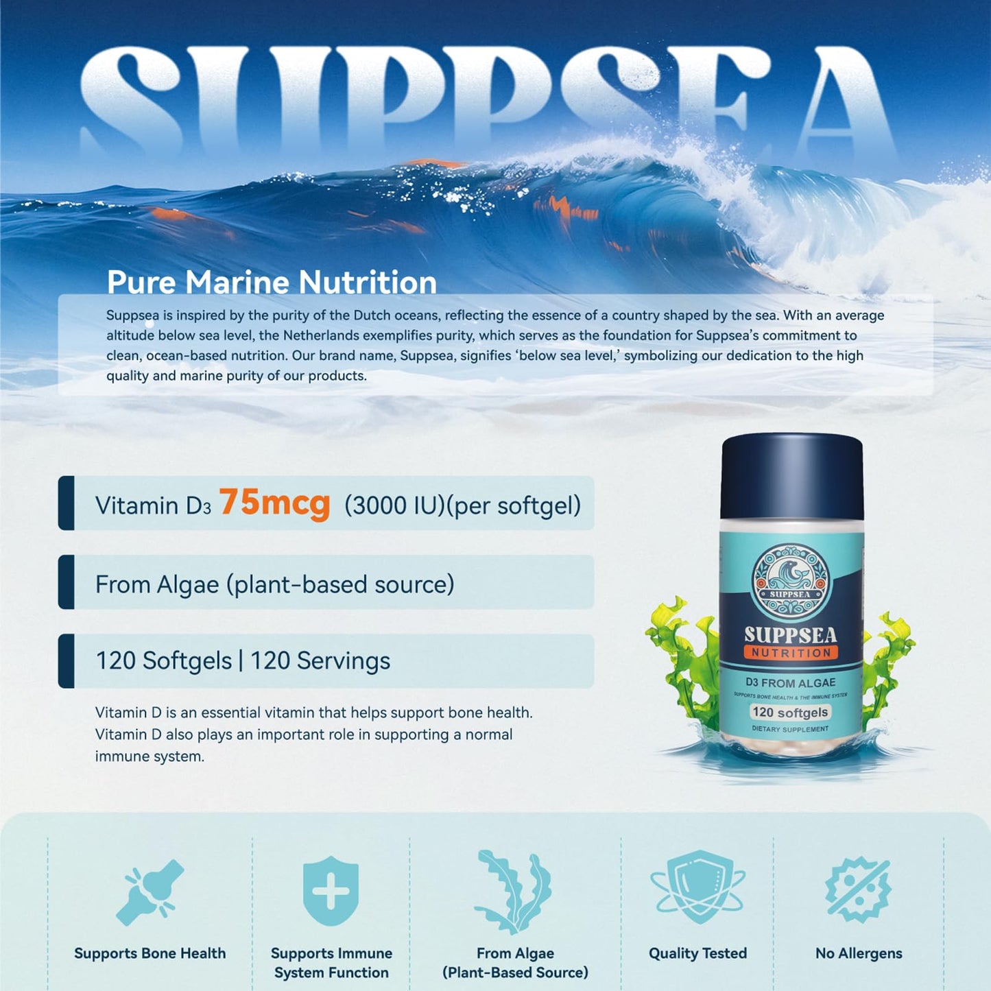 SUPPSEA Vegan Vitamin D3 75 mcg from Algae, Extra Virgin Olive Oil Softgels, 120 Softgels