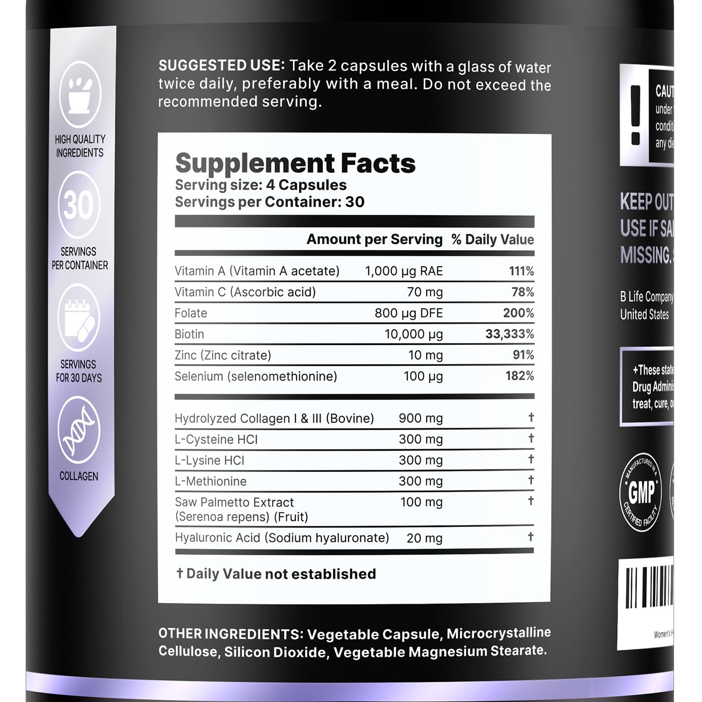 B Life Company Biotin 10000 mcg Hair Vitamins for Hair Loss for Women – Hair Growth Treatments for Women – Healthy Hair Skin and Nails – Collagen Supports Hair Strength and Health, 120 Capsules