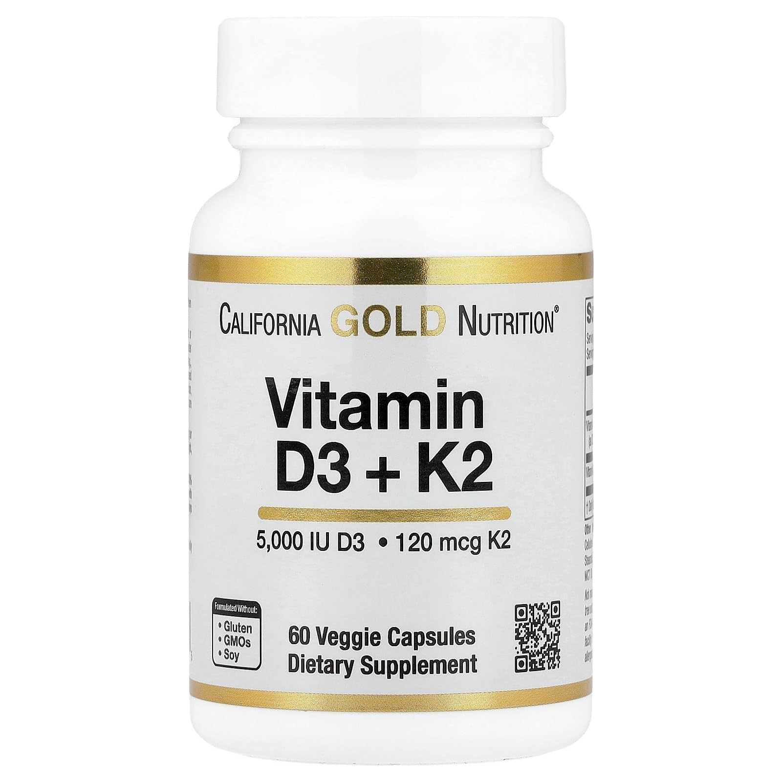 California Gold Nutrition Vitamin D3 + K2 as MK-7 Veggie Capsules, 60 Capsules