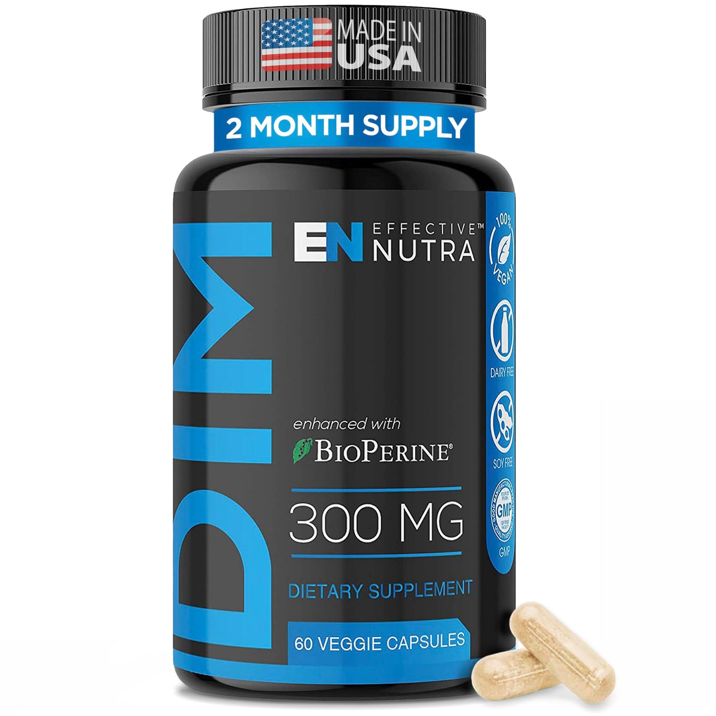 Effective Nutra DIM Supplement 300mg + BioPerine, Extra Strength Estrogen Blocker for Men & Hormone Balance for Women - Diindolylmethane, 60 Capsules