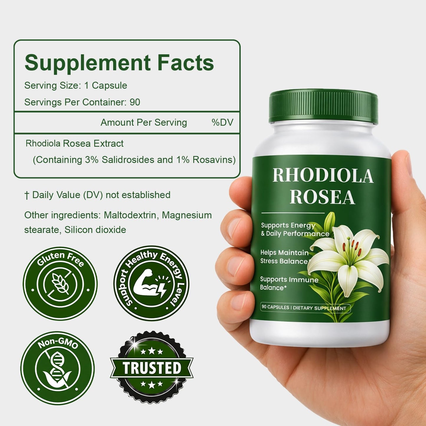 FIYY6VC Rhodiola Rosea Supplement Capsules, 90 Count