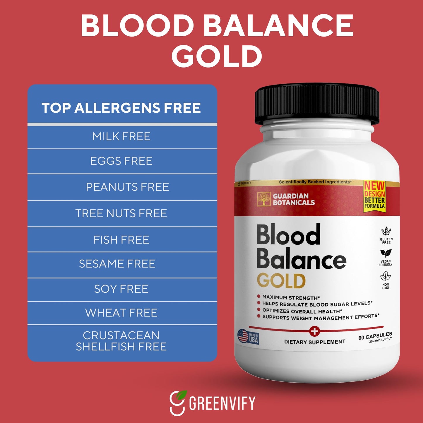 GREENVIFY Guardian Botanicals Blood Balance All Natural Formula to Maintain Healthy Levels, Maximum Strength Daily Formula, 180 Capsules