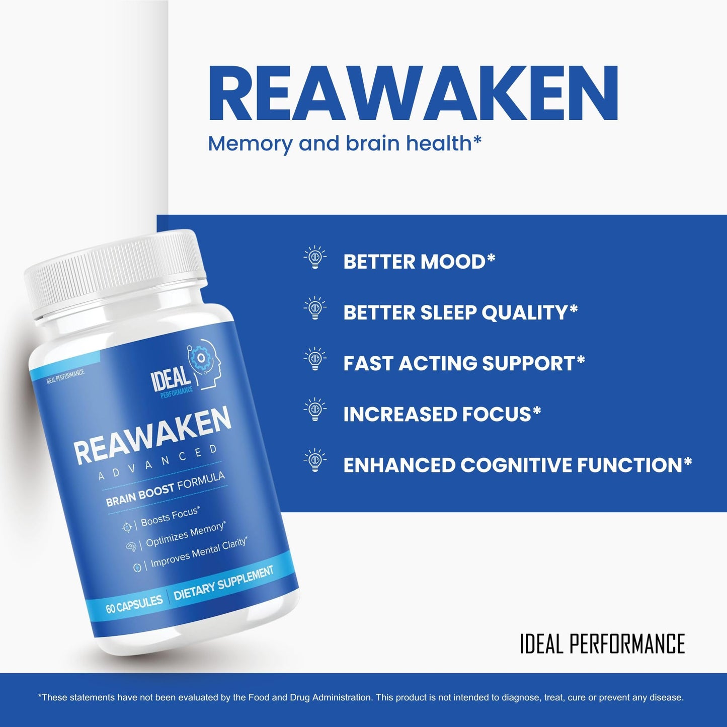 IDEAL PERFORMANCE Reawaken Brain Boost Supplement for Memory Advanced Formula Capsule, 300 Capsules