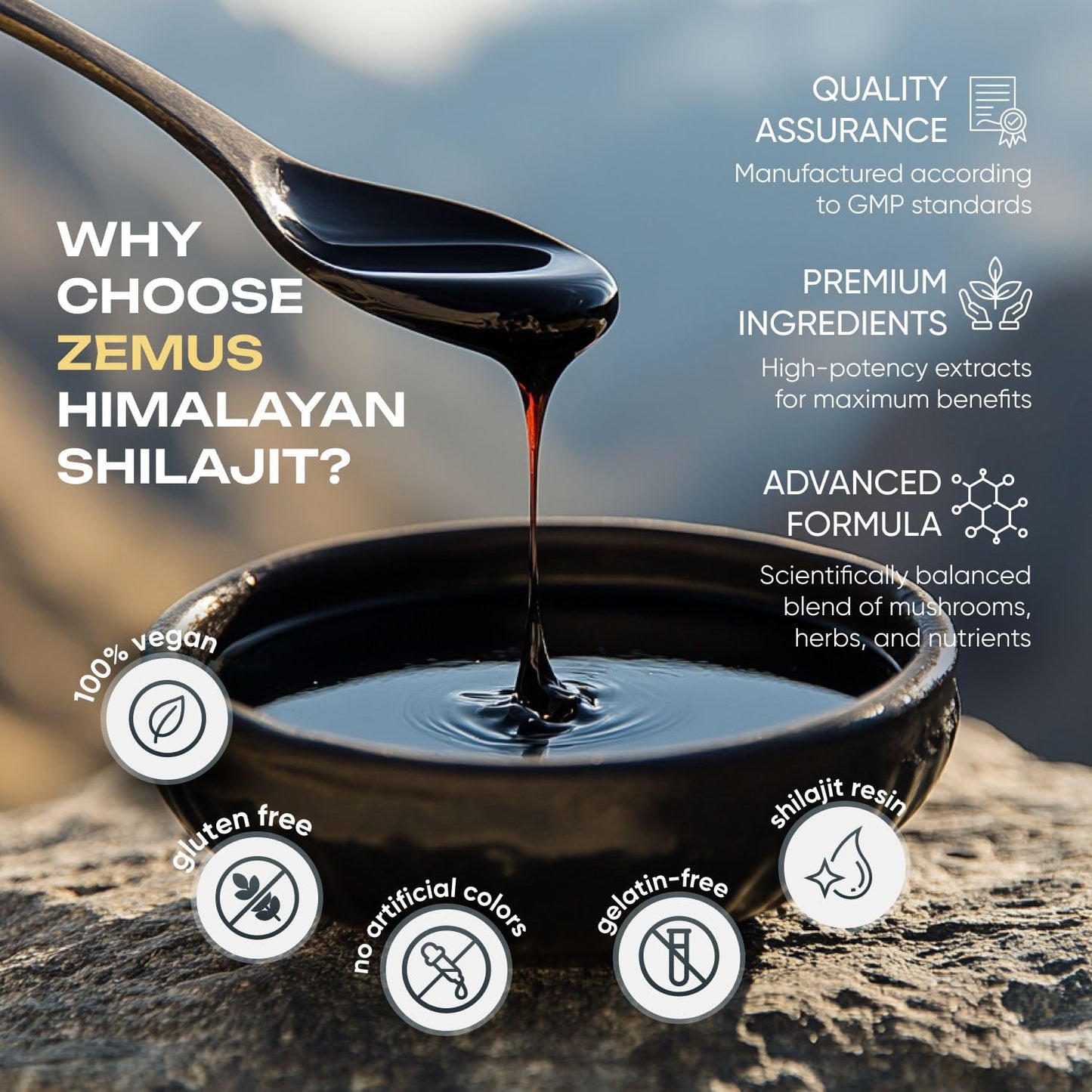 ZEMUS Himalayan Pure Shilajit Gummies with Ashwagandha & 5 Mushroom Complex, Lab Tested, Fulvic Acid & 85+ Trace Minerals, 90 Count