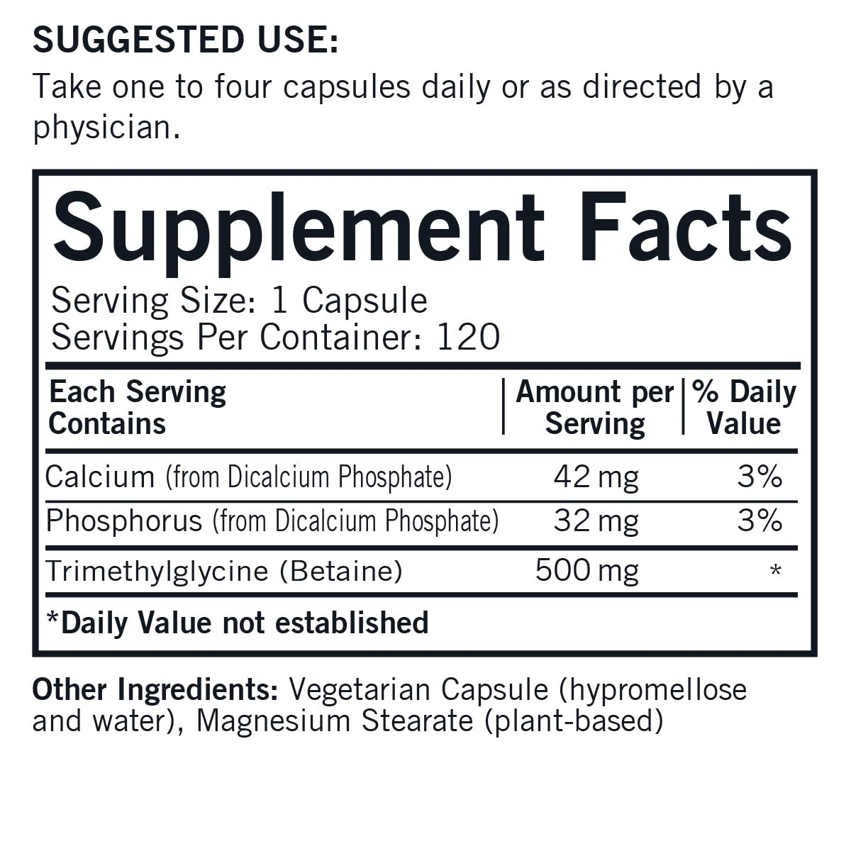 Kirkman TMG 500 mg Trimethylglycine Vegetarian Capsules, Hypoallergenic, Gluten Free, Casein Free, 120 Count