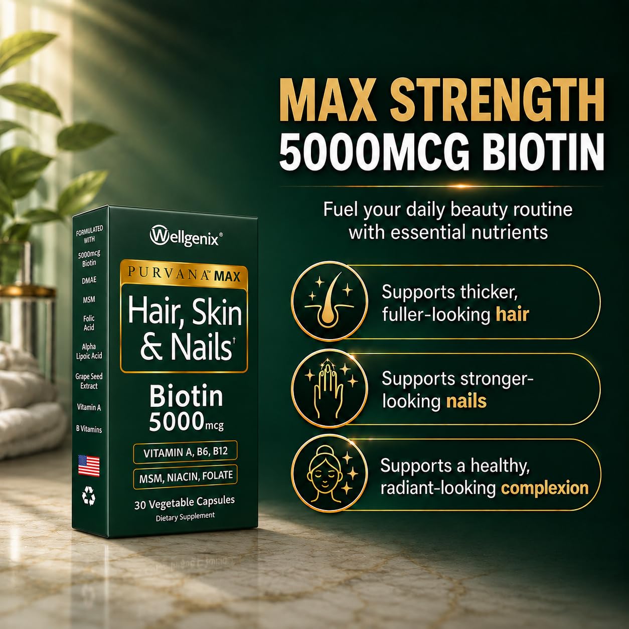 Wellgenix Purvana MAX Hair Skin & Nails Biotin 5000, 60 Capsules