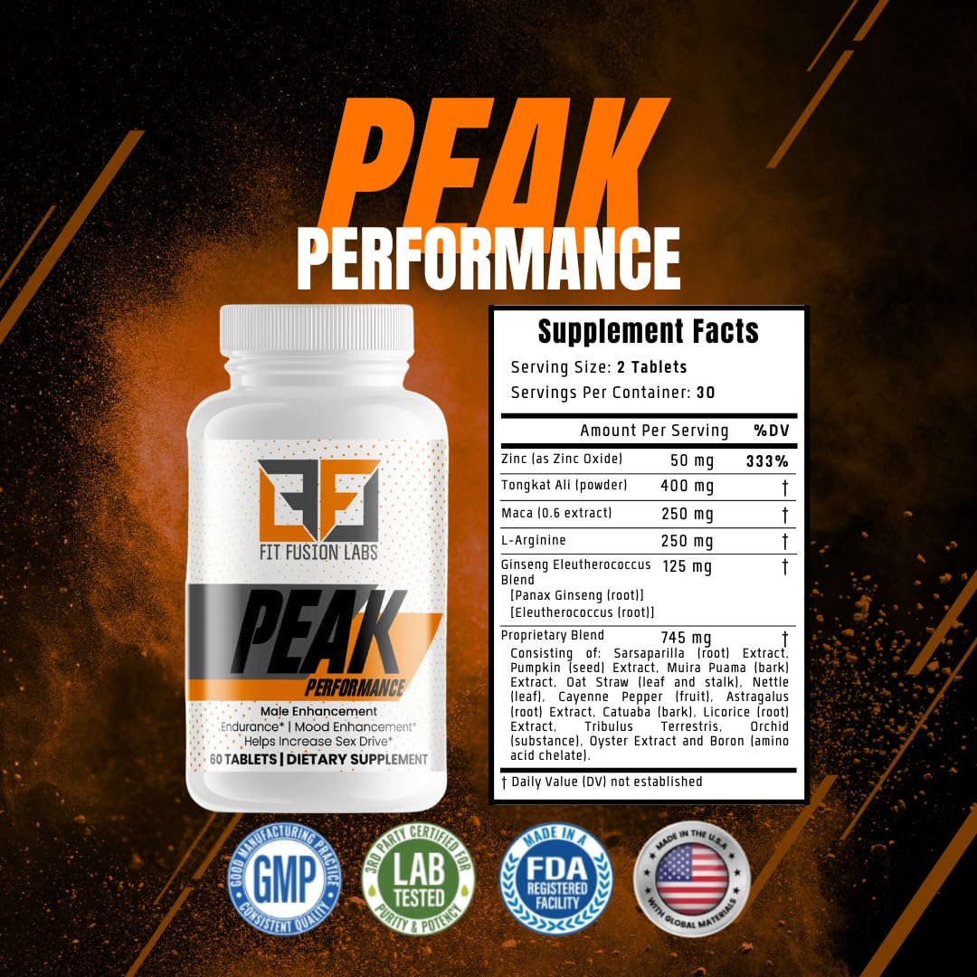 Fit Fusion Labs Peak Performance Natural Male Enhancement & Energy Booster – Tongkat Ali, Maca, Zinc & Ginseng – Supports Stamina, Strength & Recovery, 60 Tablets