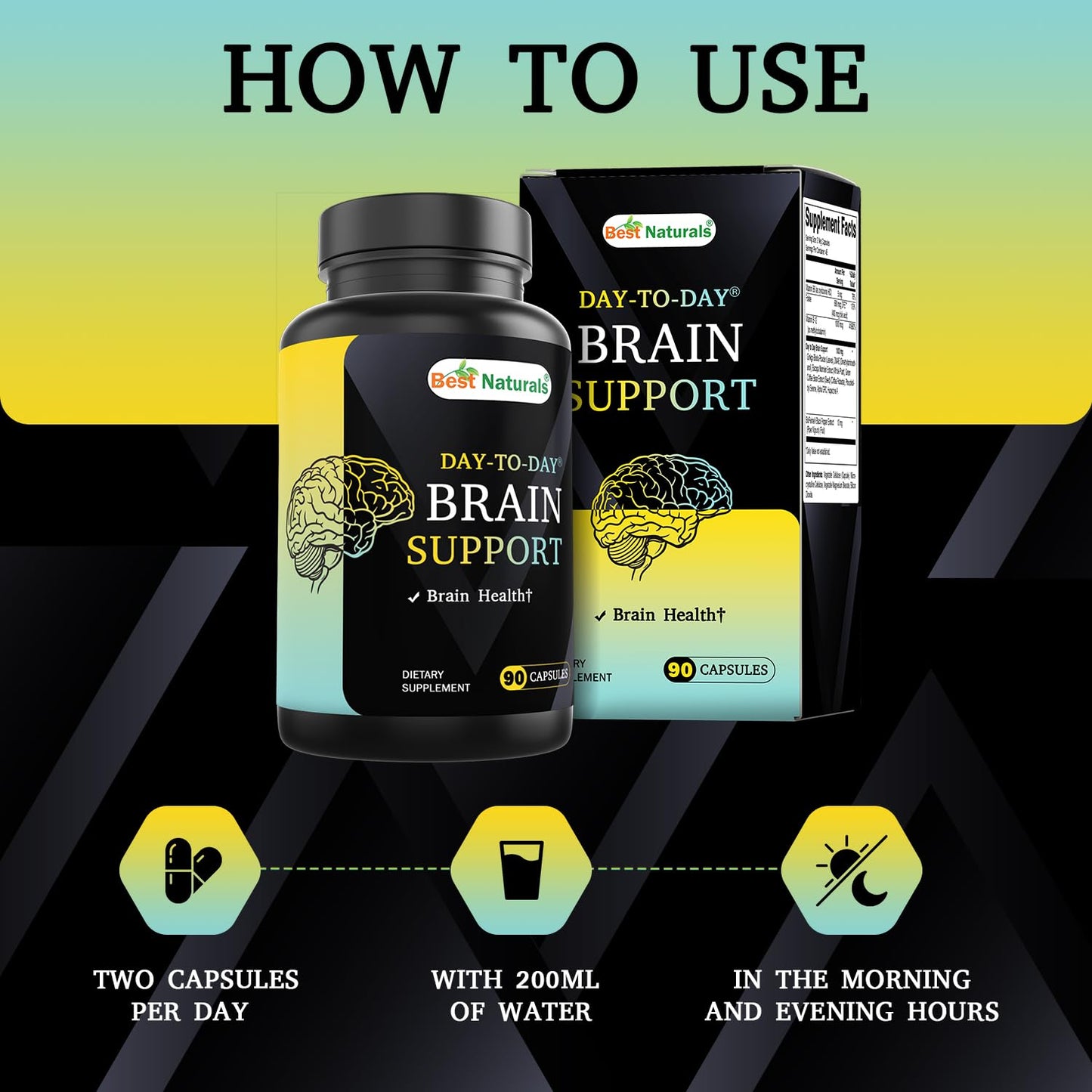 Best Naturals Day-to-Day Brain Support Supplement with Ginkgo Biloba, DMAE, Bacopa, Green Coffee, Phosphotidyl Serene, Alpha GPC, Huperzine A, Folate, B6, & B12, 90 Veg Capsules