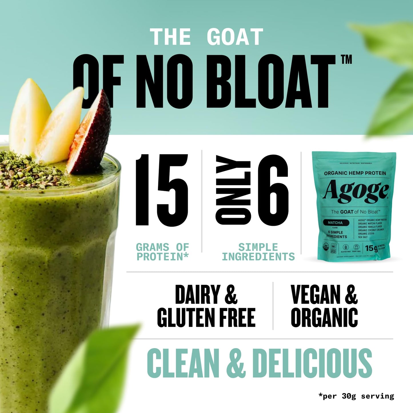 Agoge USDA Organic Hemp Protein Powder Matcha Flavor, 20 Servings