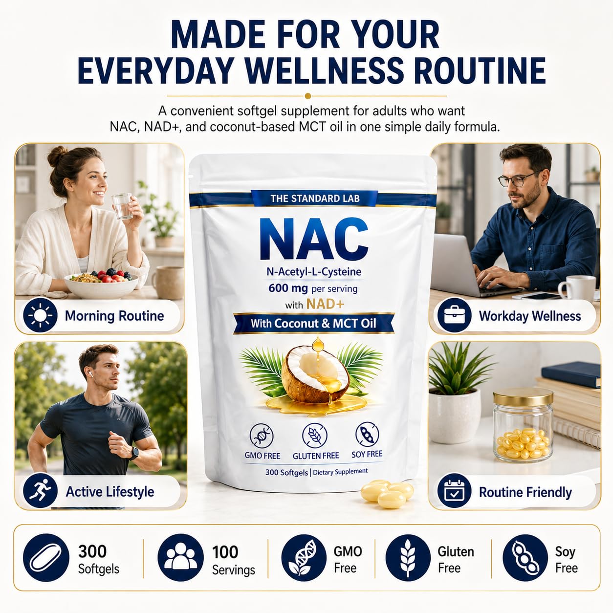 The standard lab NAC 600 mg Daily Formula, NAD & Coconut Oil Softgel 300