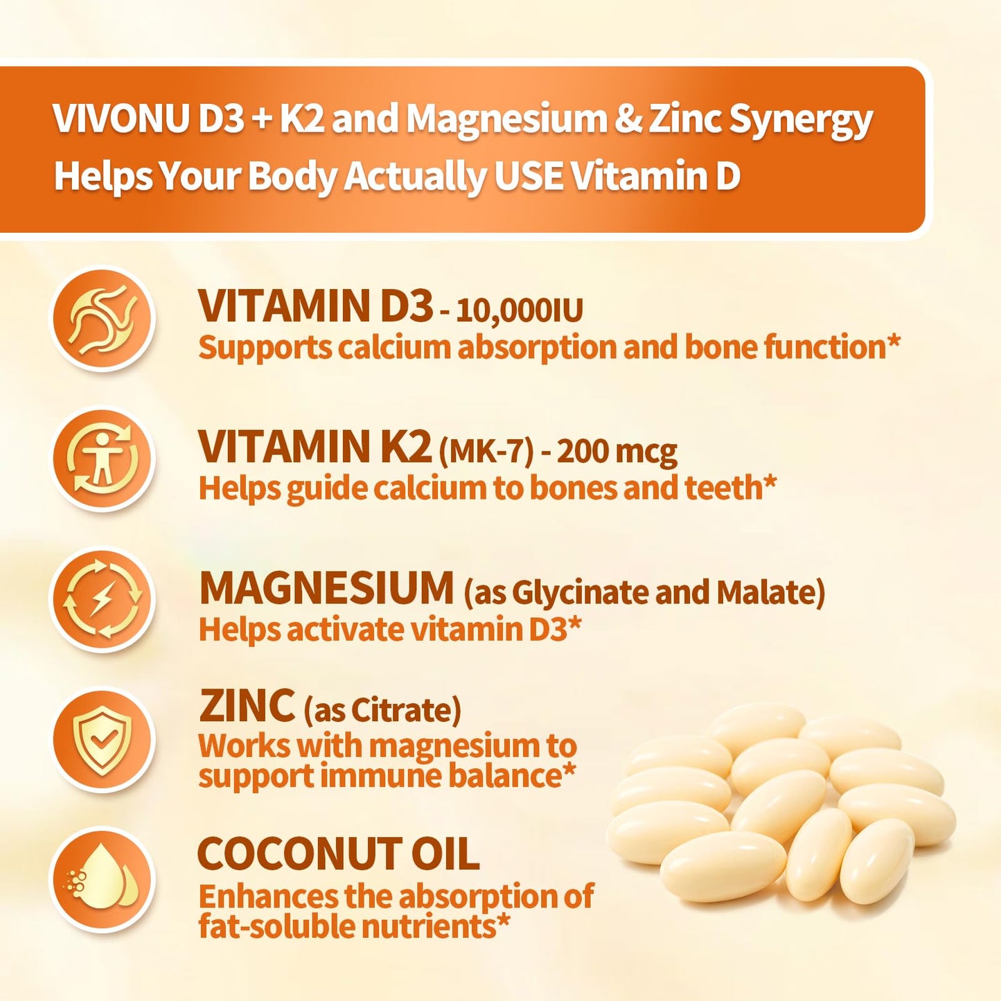 VivoNu Vitamin D3 K2 10,000 IU Magnesium Supplement – 4-in-1 with Vitamin D and K (MK-7), Magnesium Glycinate & Zinc Citrate 180 Capsules