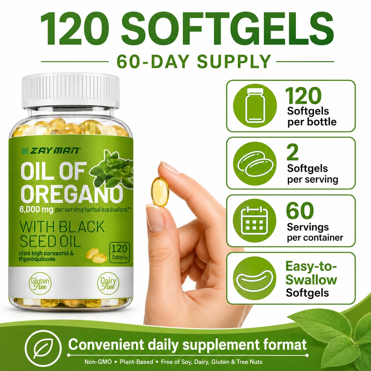 ZAYMAN Oil of Oregano Softgels 6000mg with Black Seed Oil 200mg, Non-GMO Plant-Based Carvacrol & Thymoquinone, 120 Softgels
