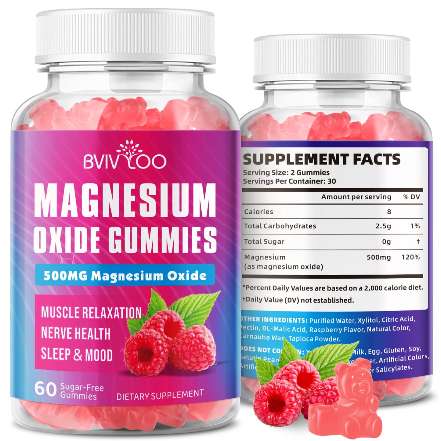 BVIVLOO Magnesium Oxide 500mg Gummies, 60 Gummies