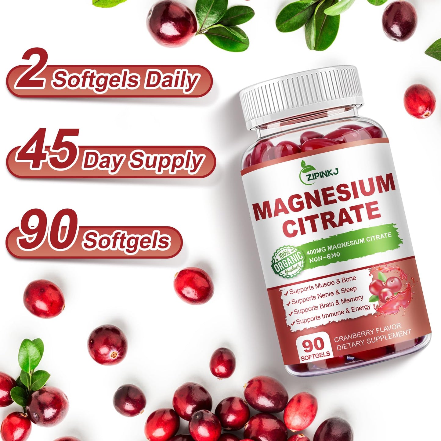 ZIPINKJ Magnesium Citrate Softgels with Vitamin D3, Vitamin B6 & Cranberry Extract 90 Count