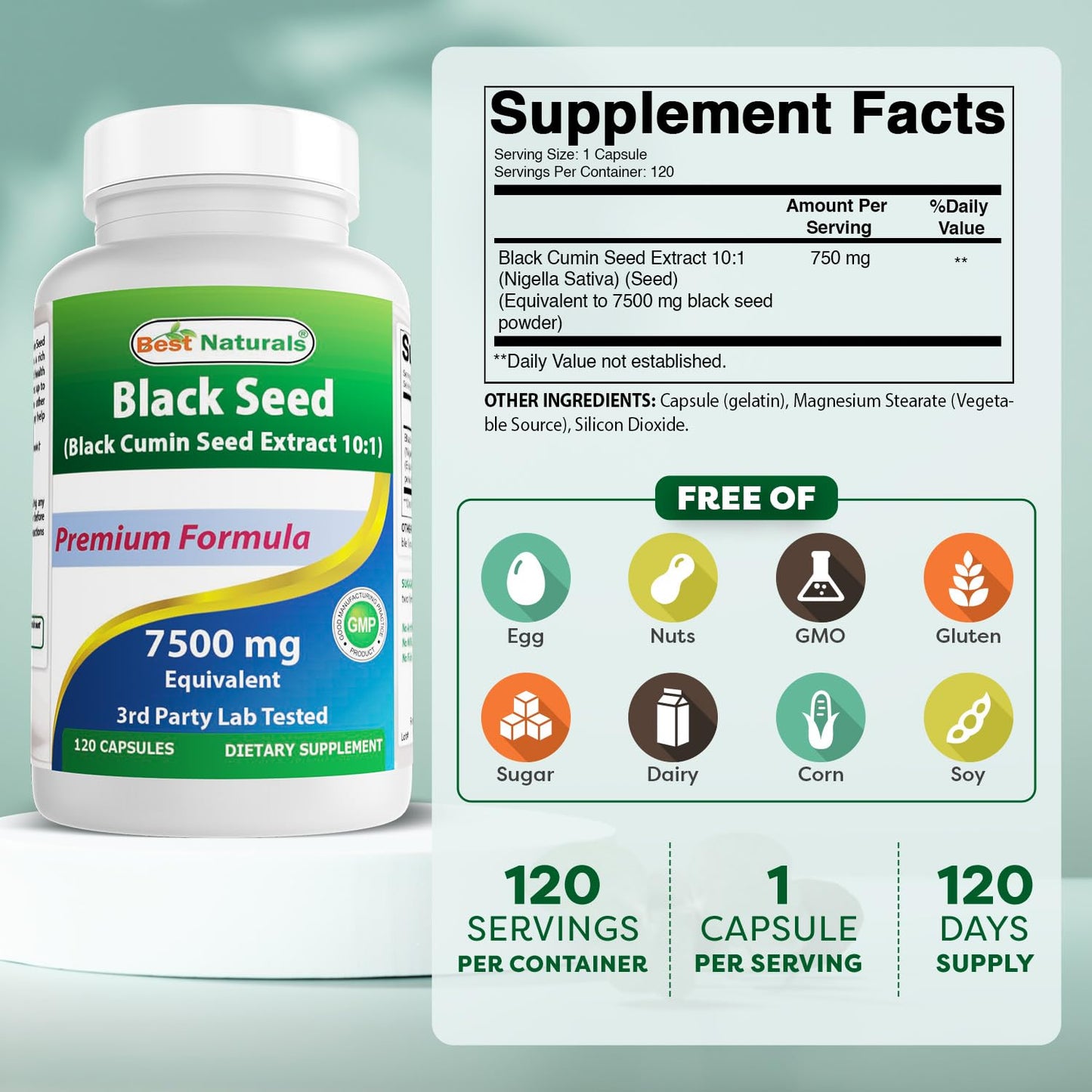 Best Naturals Black Seed (Black Cumin Seed Extract 10:1) 750 mg per Serving, 120 Capsules