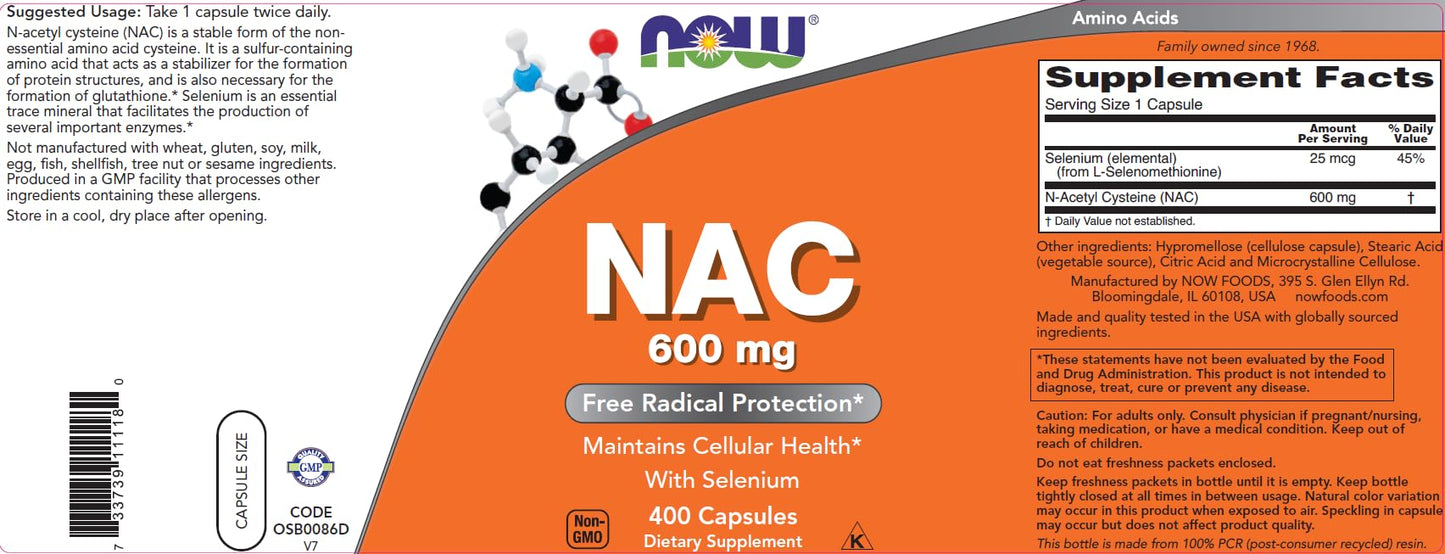 NOW Foods N-Acetyl Cysteine 600 mg Capsules, 800 Capsules
