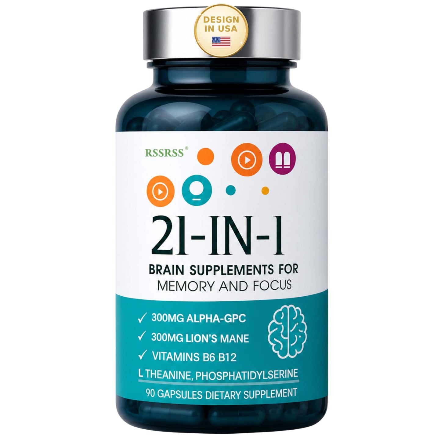 RSSRSS Brain Supplements for Memory and Focus, 21-in-1 Advanced Cognitive Formula, Natural Herbal Formula, Clarity & Cognitive Improvement for Men & Women, 90 Capsules