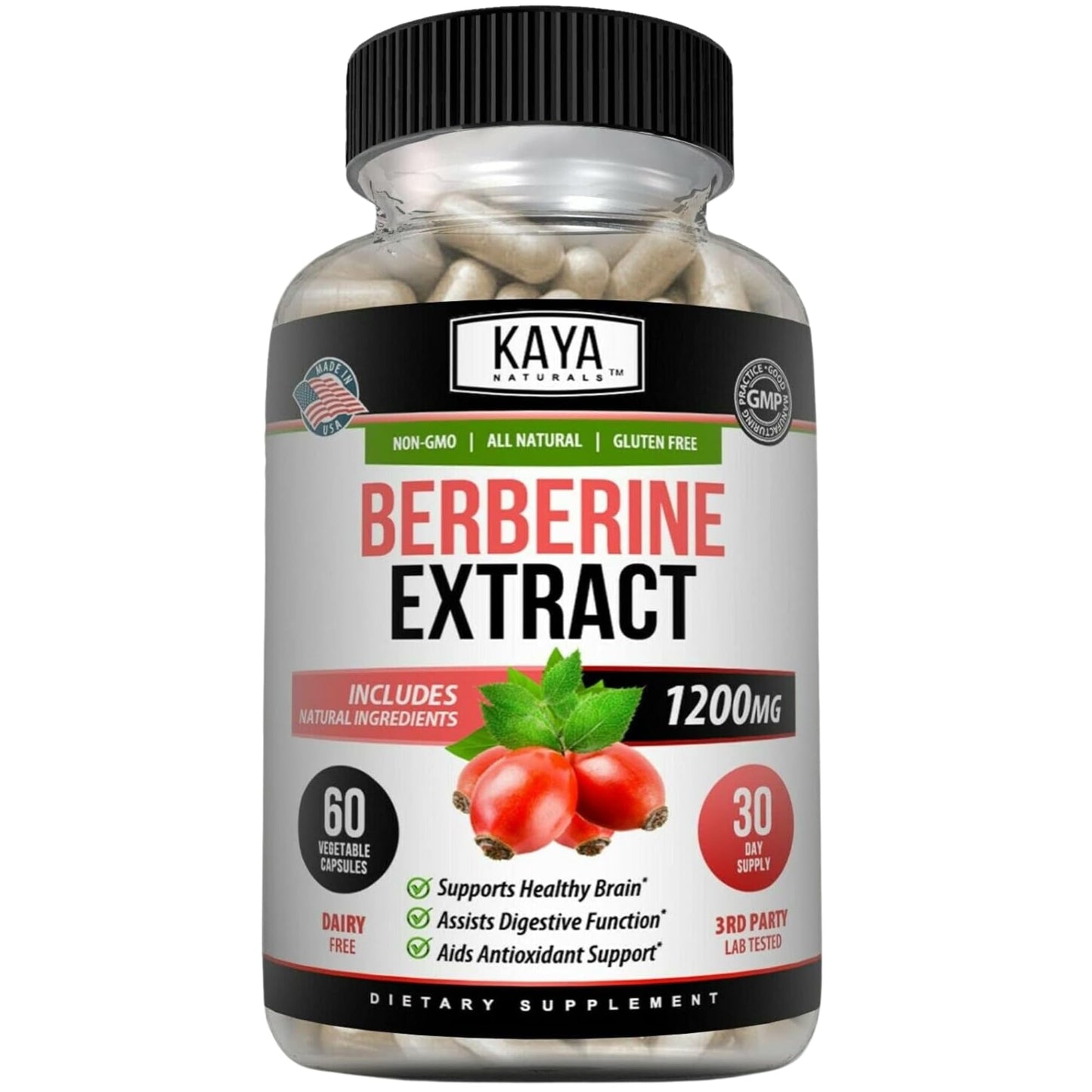 Kaya Naturals Berberine HCL Extract 1200mg Capsule, 60 Count