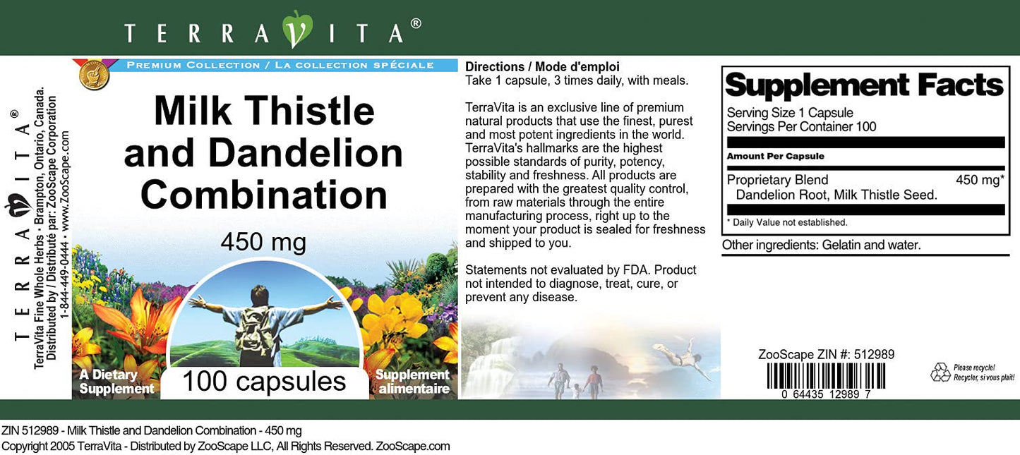 Terravita Milk Thistle and Dandelion Combination - 450 mg Capsules, 300 Count