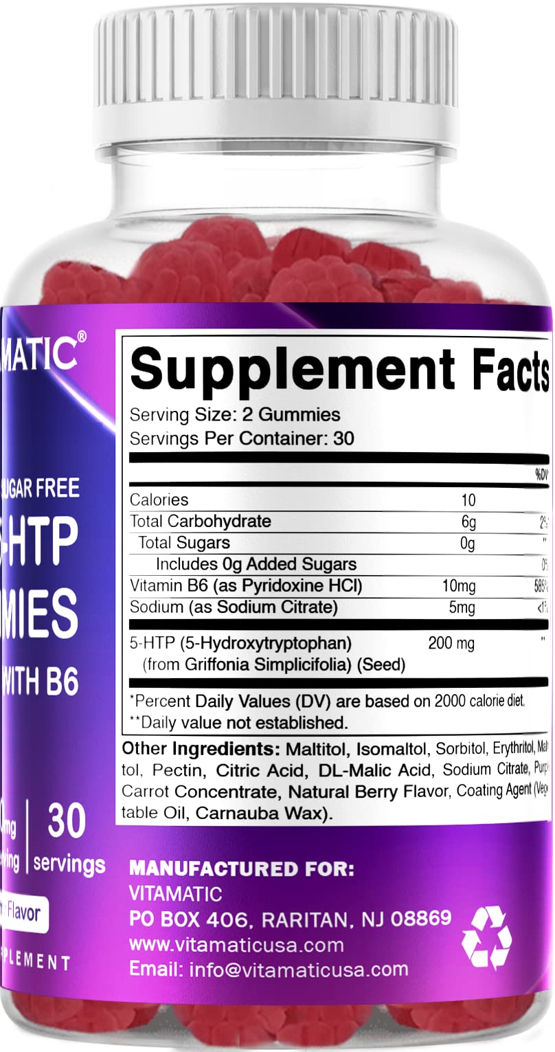 Vitamatic Sugar Free 5-HTP 200mg Gummies with B6, 120 Gummies