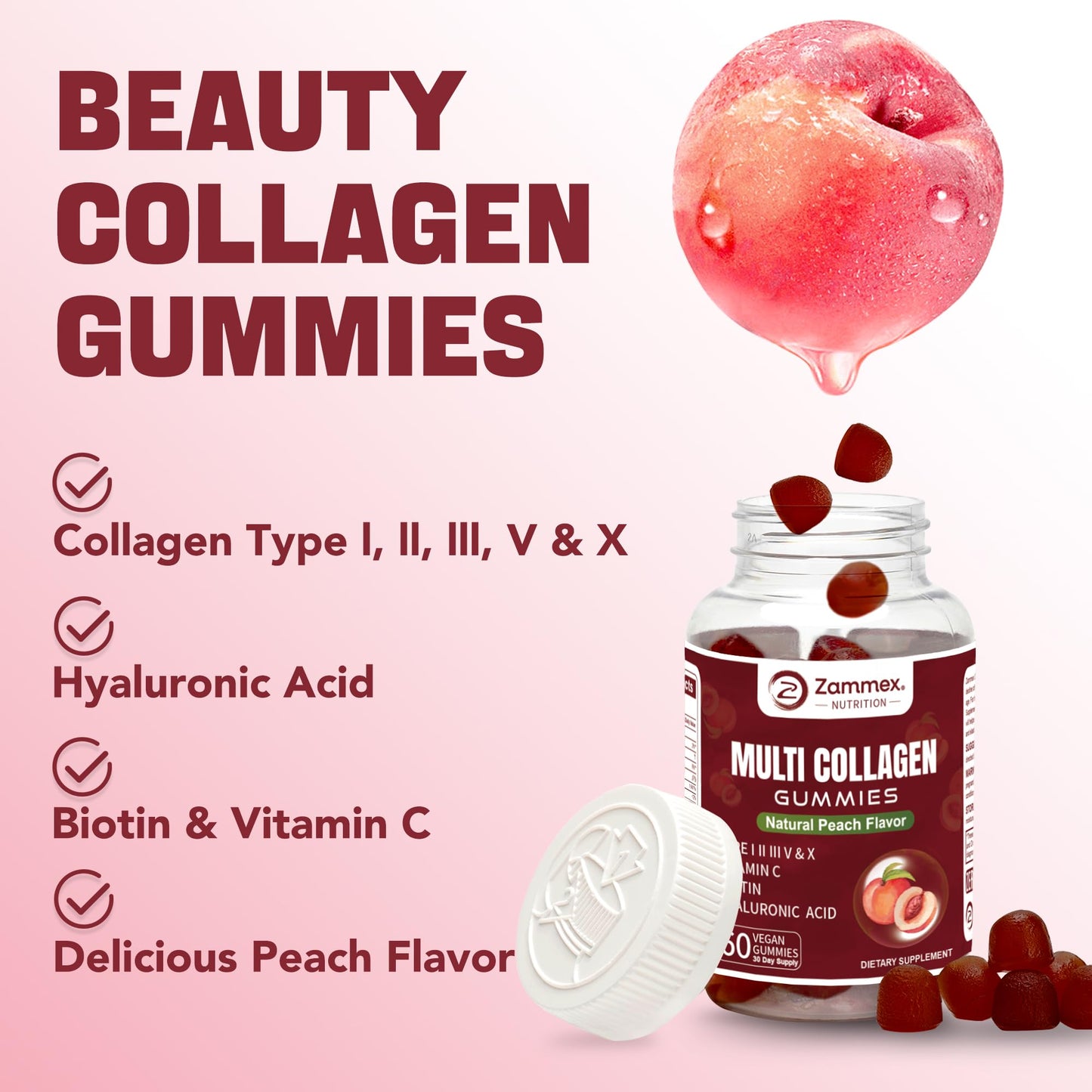 Zammex Multi Collagen Peptides Gummies (Type 1, 2, 3, 5 & 10), 60 Count