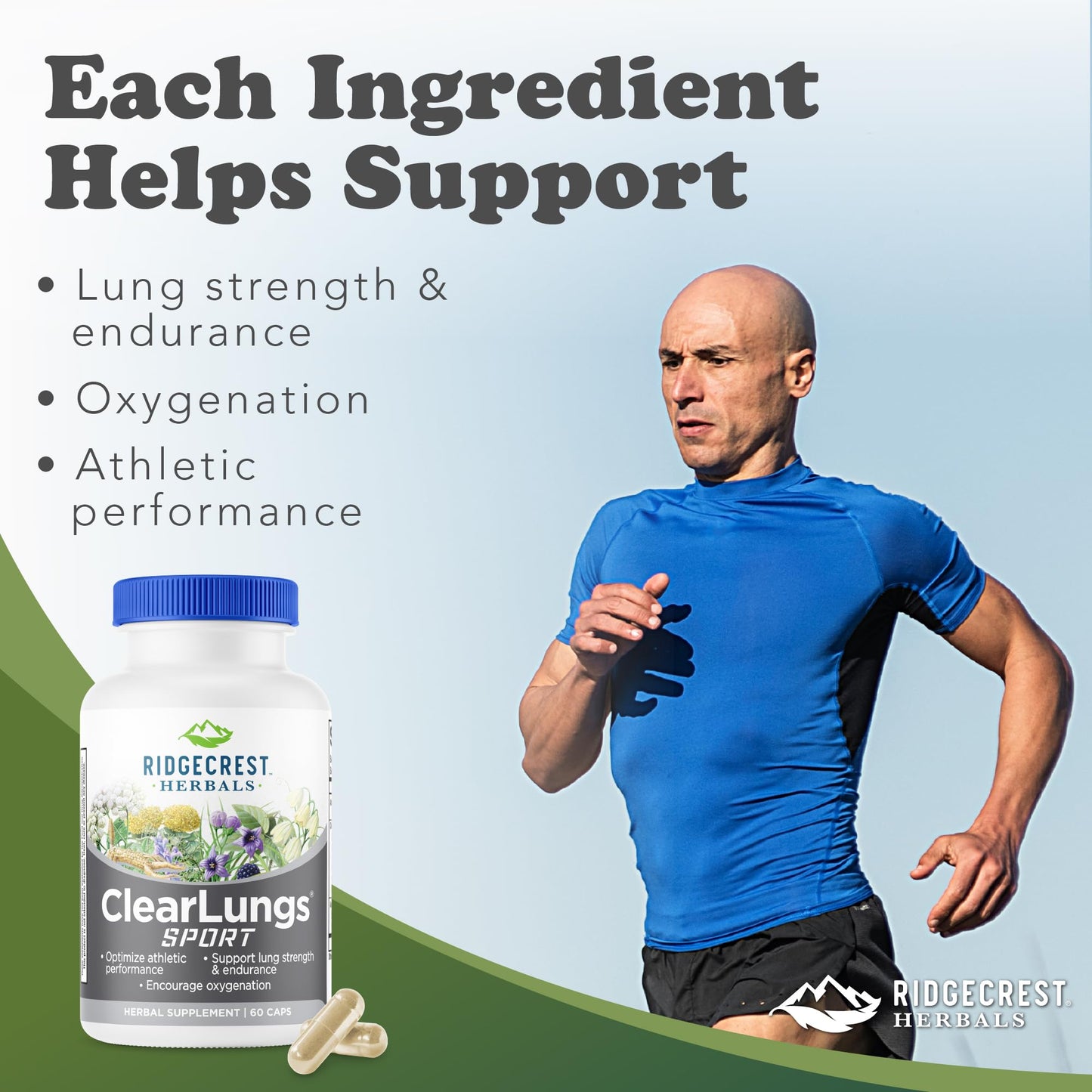 RidgeCrest Herbals ClearLungs Sport Oxygen Intake and Lung Support Formula with Cordyceps, Rhodiola, Eleuthero, 60 Capsules
