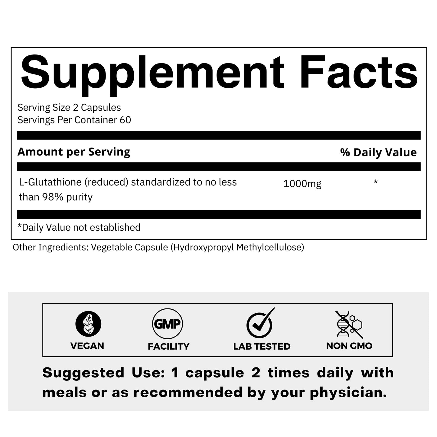 FOLIUS LABS L-Glutathione 98% Ultra High Strength 500mg Capsule, 120 Count