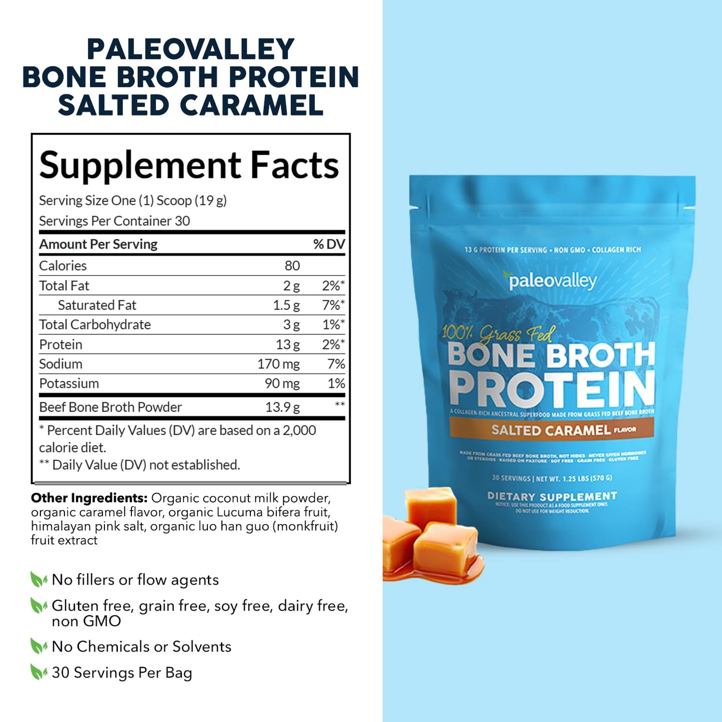 Paleovalley 100% Grass Fed Bone Broth Protein Powder, Salted Caramel, 20.16 oz