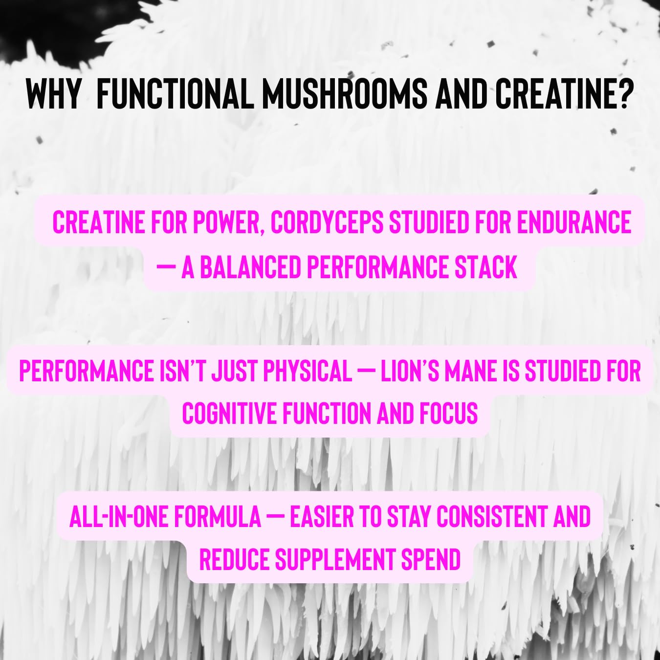 Functional Performance Co. Creatine Monohydrate Powder Micronized with Lion’s Mane & Cordyceps, Berry Flavour, 100 Servings