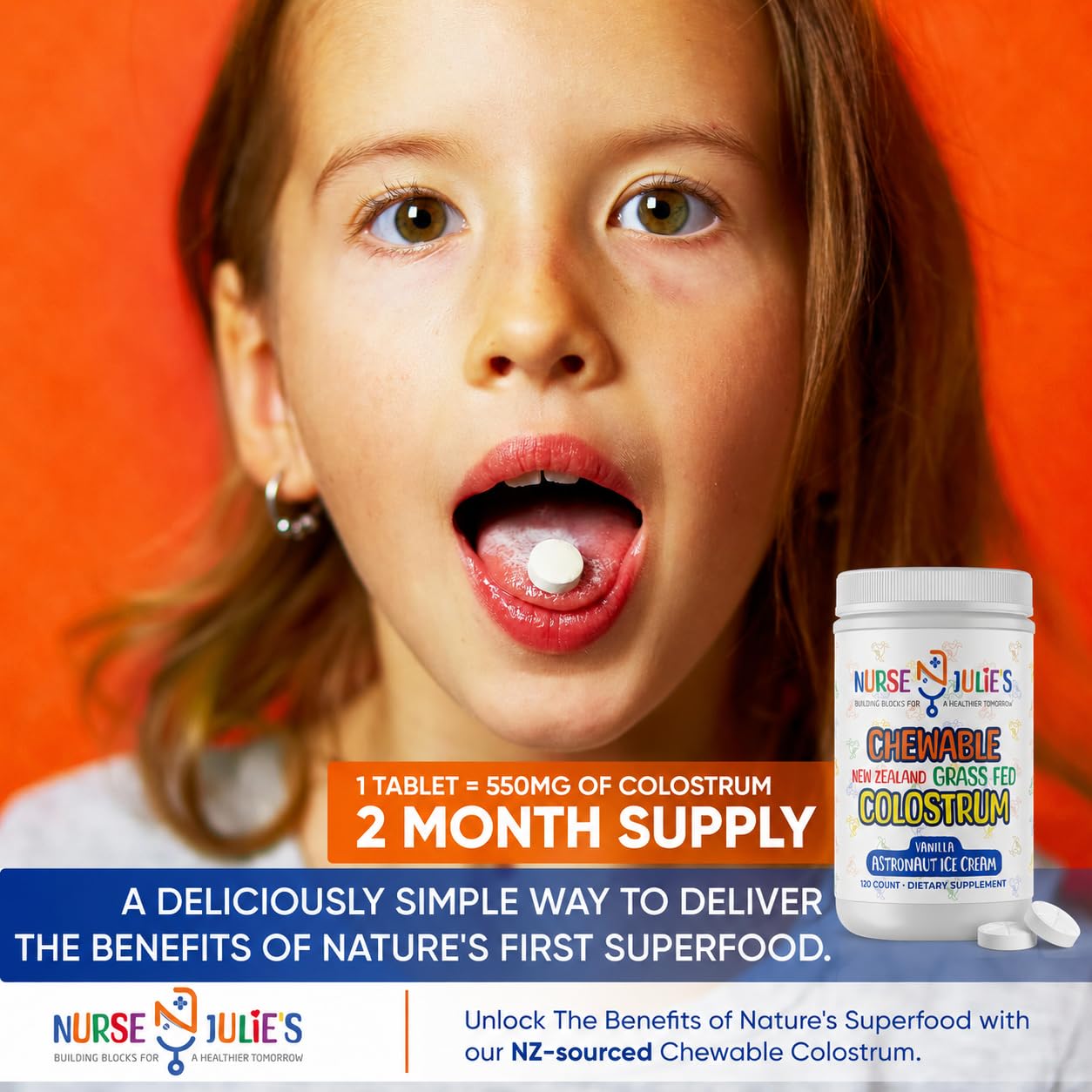 Nurse Julie's Chewable Colostrum for Kids Tablets, 120 Count
