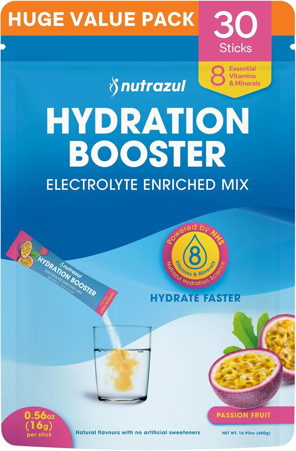 Nutrazul Hydration Booster Electrolytes Powder Sticks, 30 Sticks