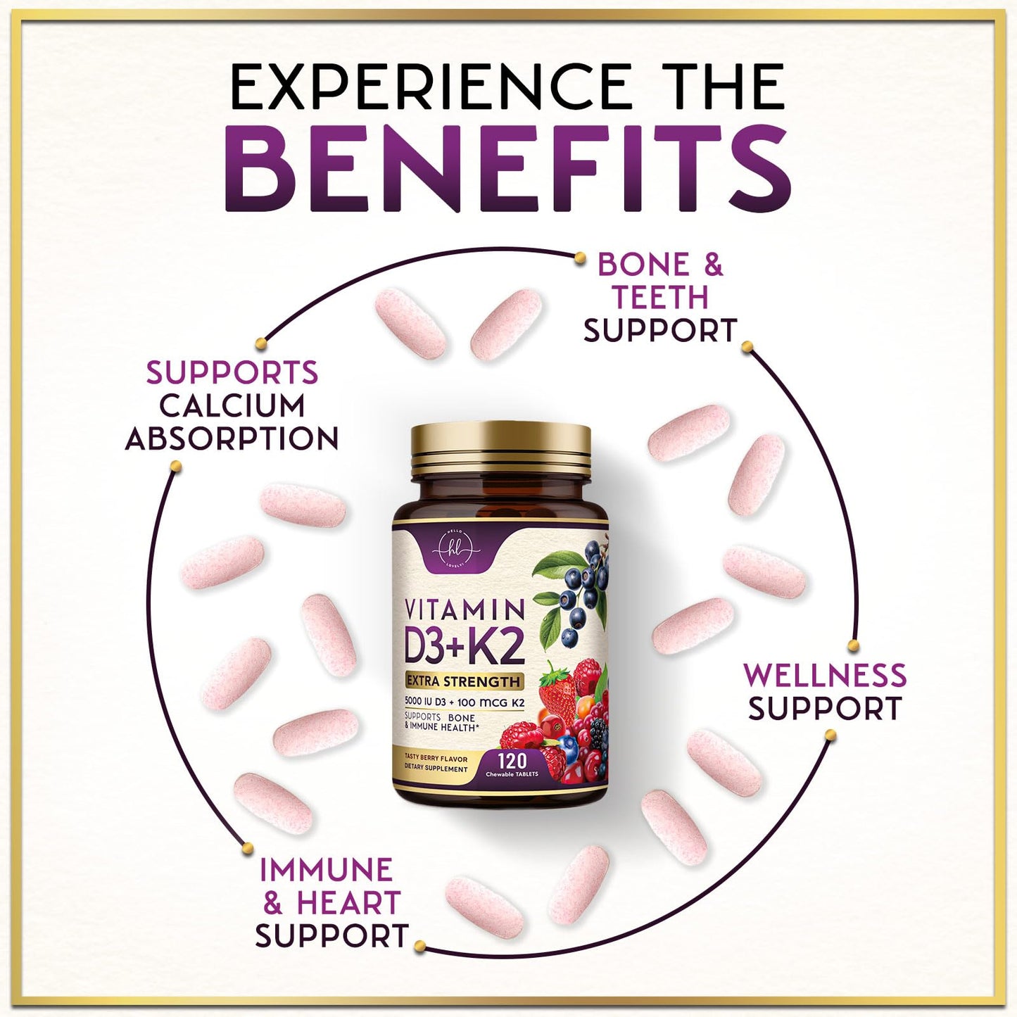 Hello Lovely! Vitamin D3 K2 (MK-7) Complex - 5000 IU per Serving for Immune Support and Bone Health - Berry Chewable, Gluten Free, 120 Tablets