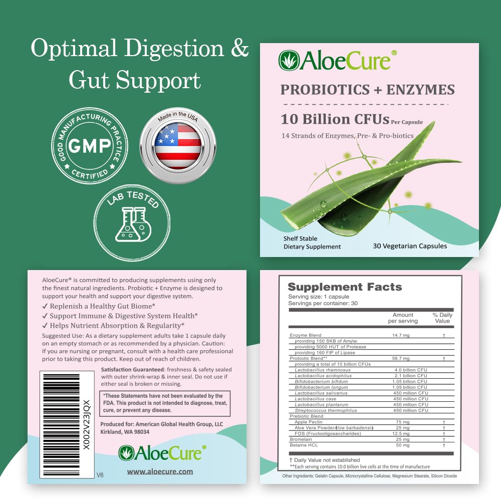 AloeCure Daily Probiotics 10 Billion CFUs + Enzymes & Prebiotics, 60 Capsules