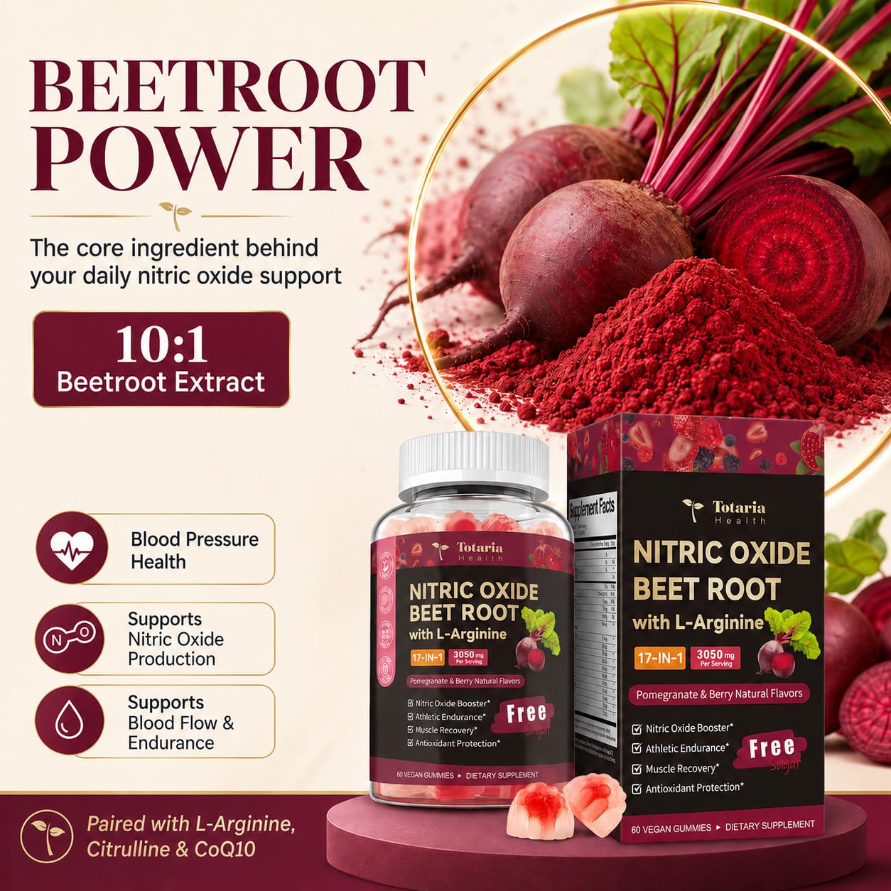 Totaria Beet Root Gummies - Blood Pressure & Cardiovascular Support, Beetroot Supplement with Grape Seed, Pomegranate - Nitric Oxide Gummies for Heart Health, Circulation, Vegan, Non-GMO, Sugar Free 60 Count