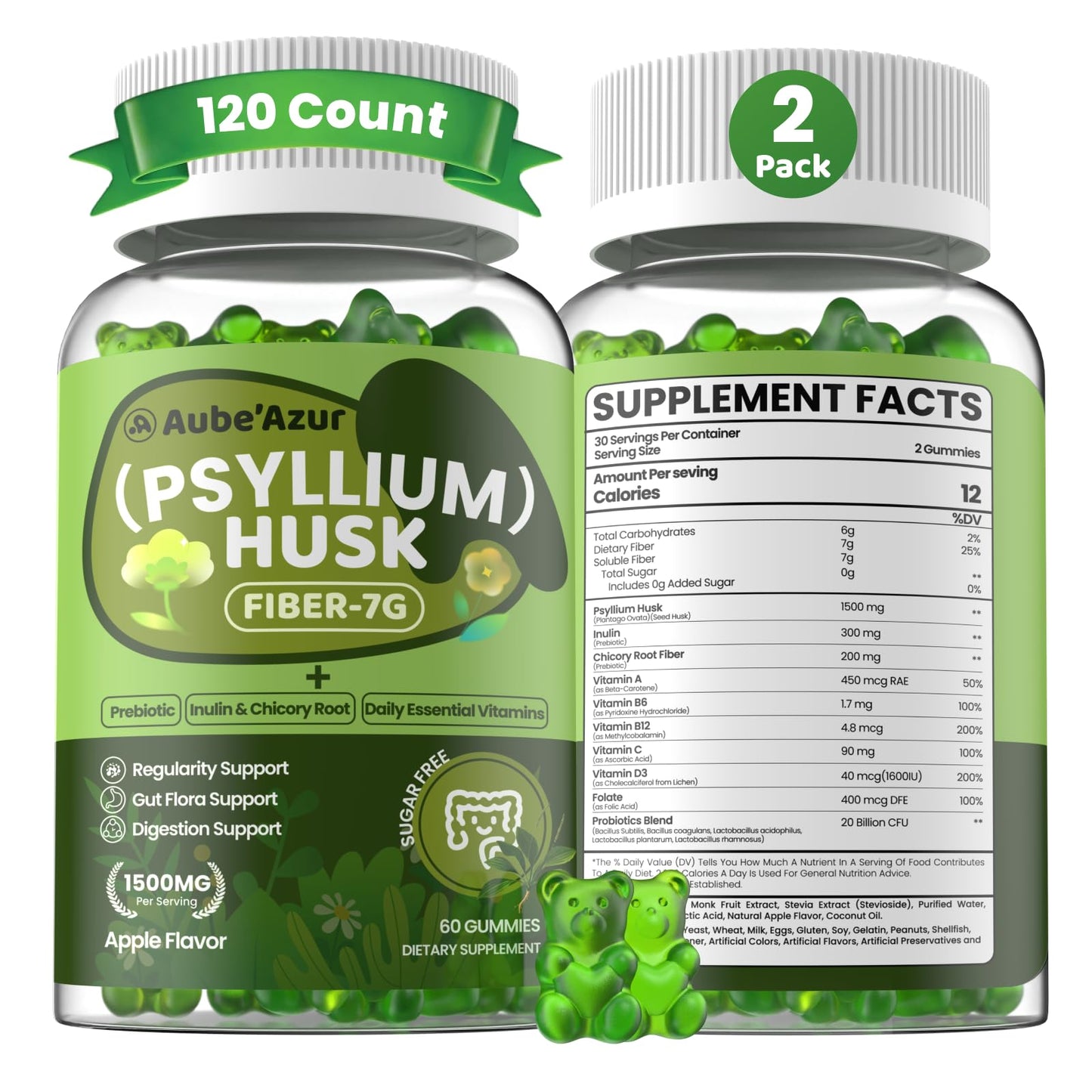 Aube'Azur Psyllium Husk Fiber Gummies, Digestive & Regularity Gummy 60