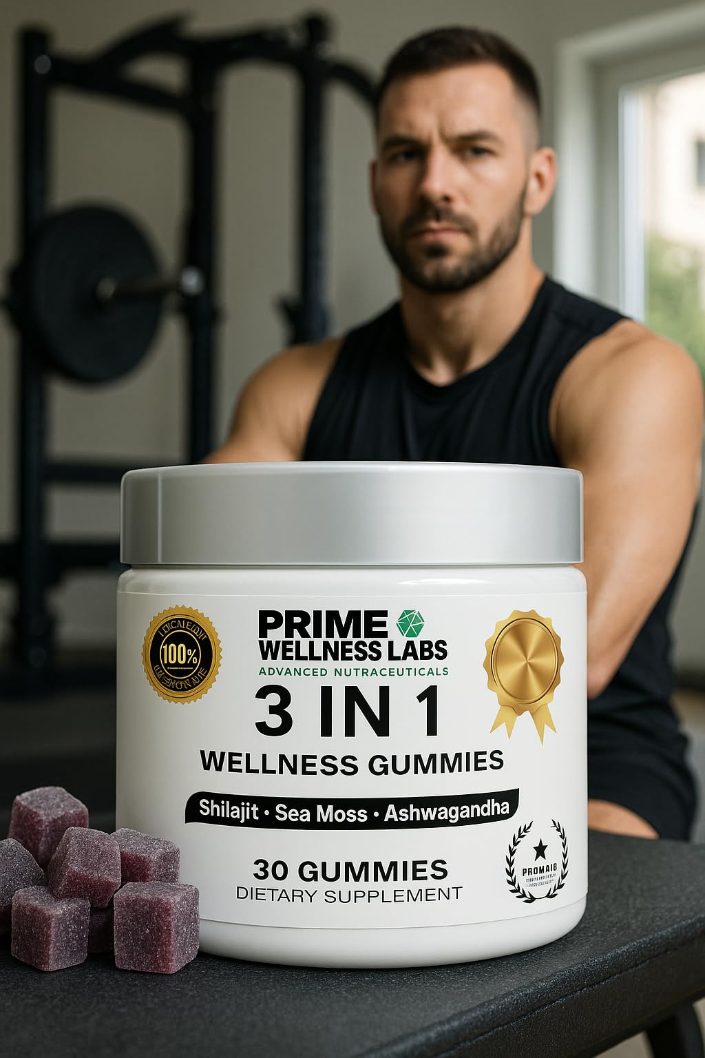 Prime Wellness Labs Ashwagandha, Shilajit & Sea Moss Gummies - 3-in-1 Formula – Energy, Immune Support & Stress Relief – Natural Daily Supplement for Men – 60 Gummies