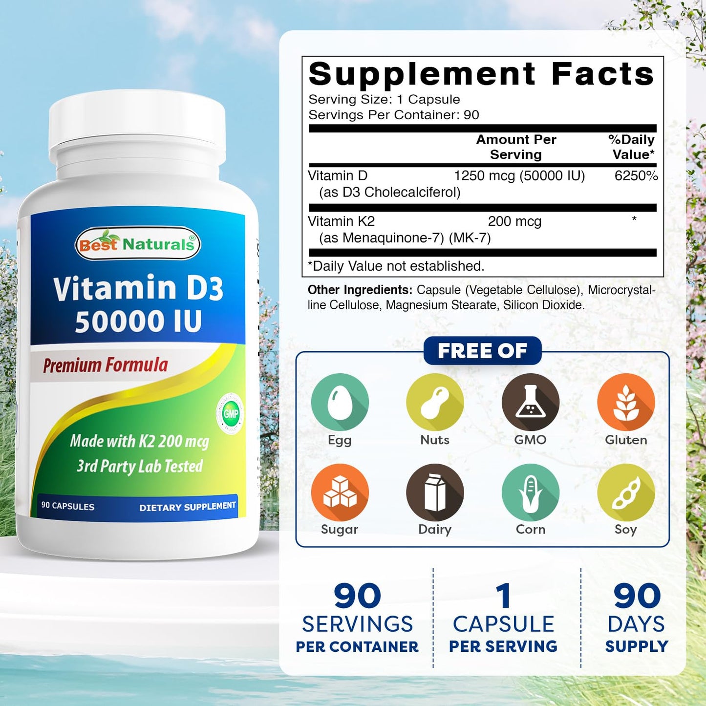Best Naturals Vitamin D3 50,000 IU with MK-7 K2 200 mcg Veg Capsules 90