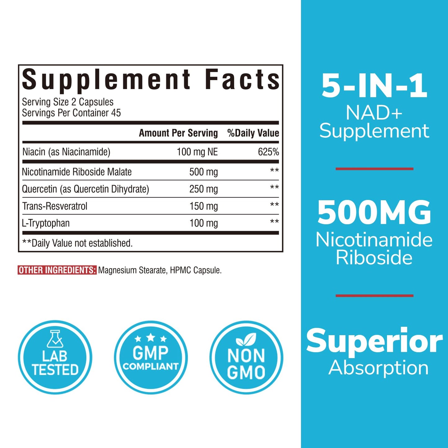 Vitalibre NAD Resveratrol Supplement with Niacinamide, Quercetin, L-Tryptophan – NMN Alternative, Non-GMO, 90 Capsules
