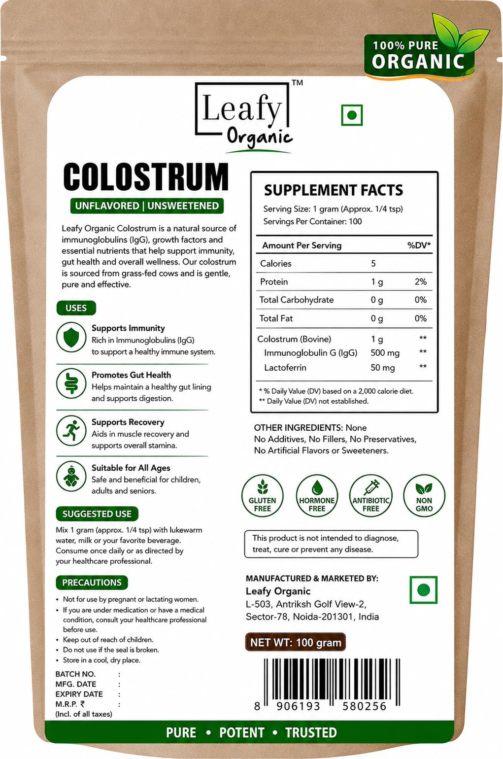 Leafy Organic Colostrum Powder Supplement, 3.5 oz