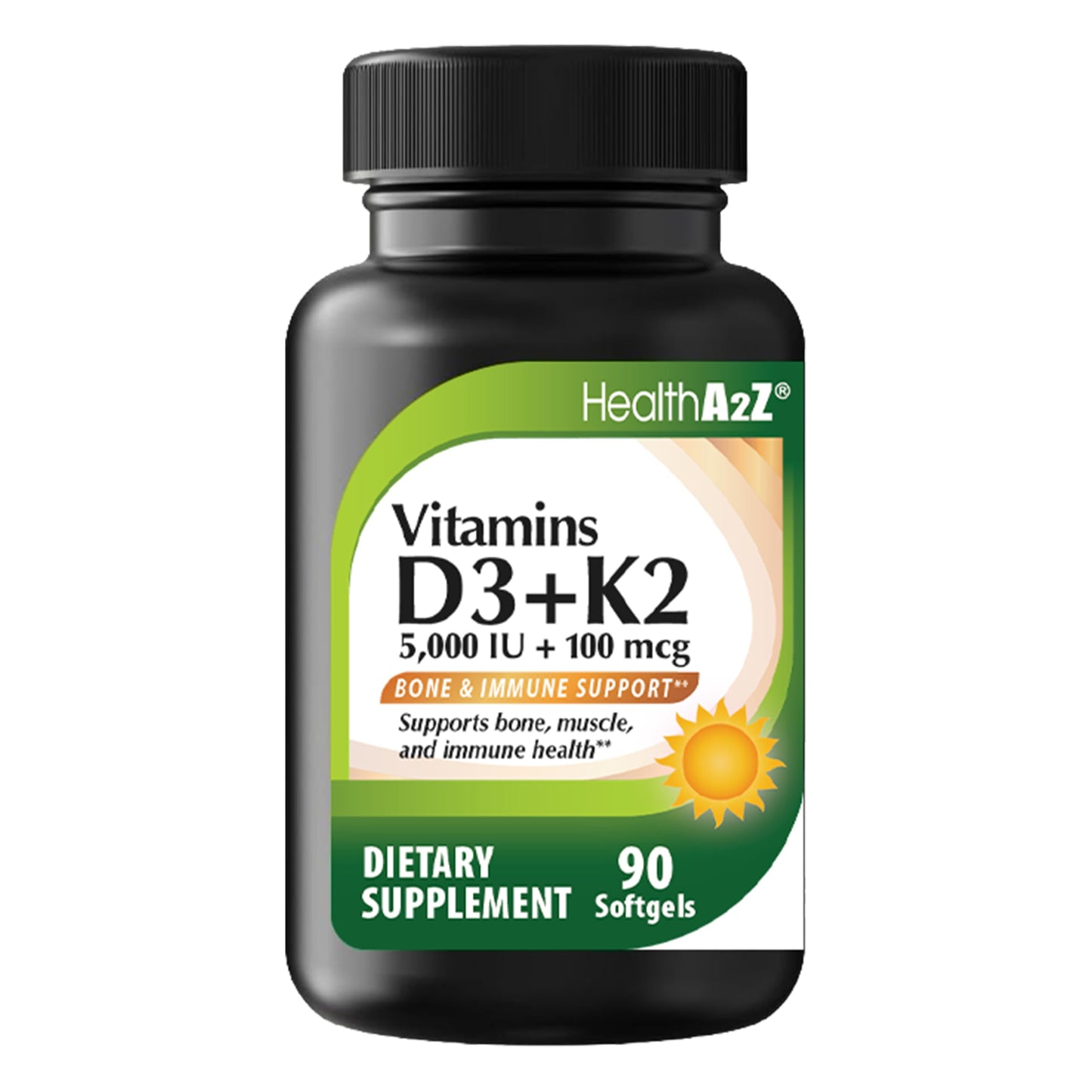 HealthA2Z Vitamin D3 (5,000 IU) + K2 (100 mcg) Softgels, 90 Count