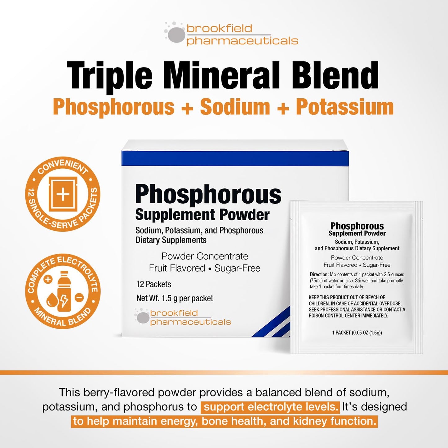 Brookfield Pharmaceuticals Phosphorus Supplements Powder Concentrate, 12 Count