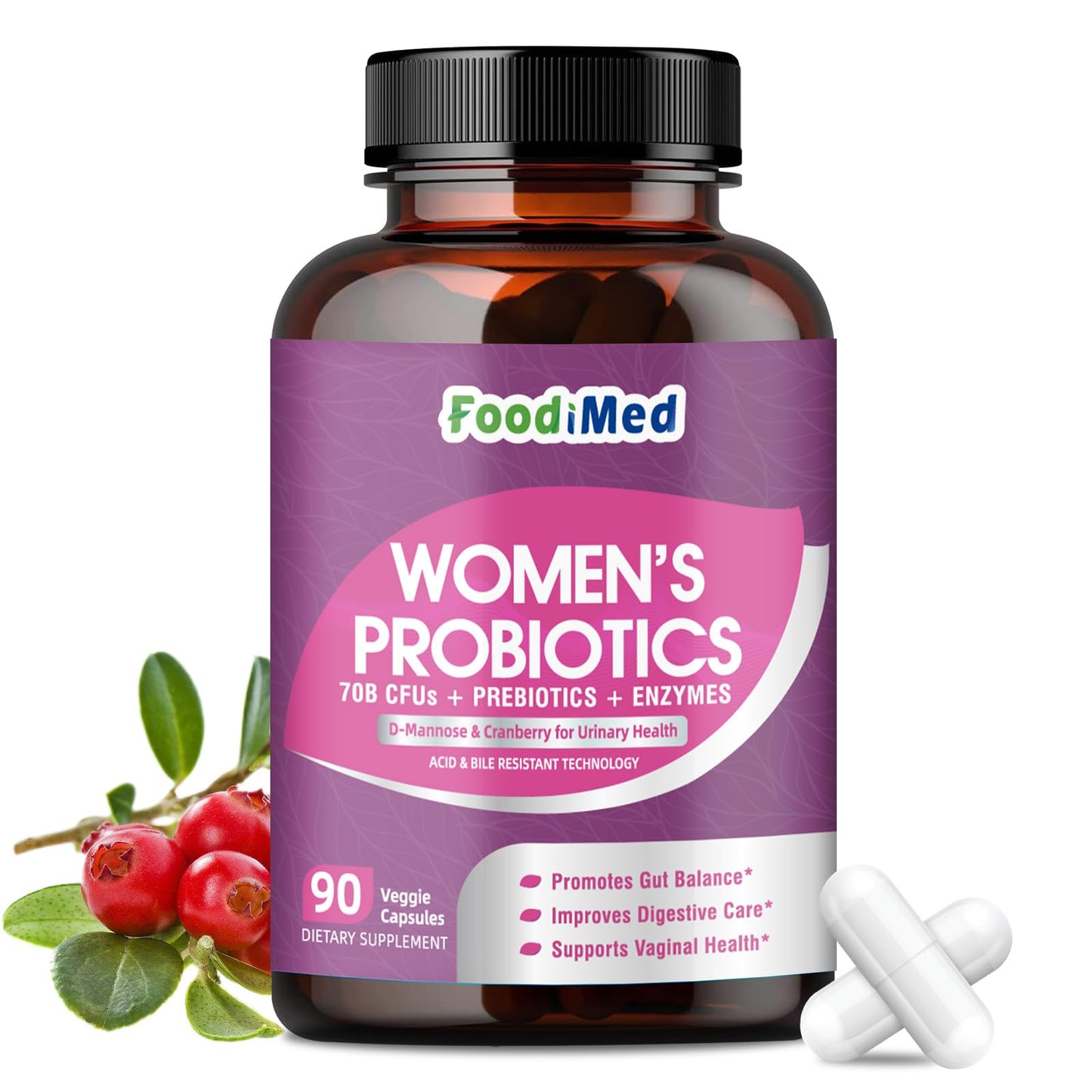 FoodiMed Probiotics for Women Digestive Health 70 Billion CFUs with Digestive Enzymes & Prebiotics & Cranberry for Gut, Immune & Urinary Tract Balance, Delayed-Release Veggie Capsules, 90 Count