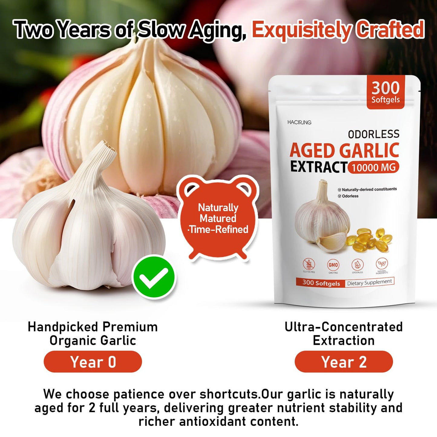 HACIRJNG Organic Odorless Aged Garlic Extract Softgels, 300 Count